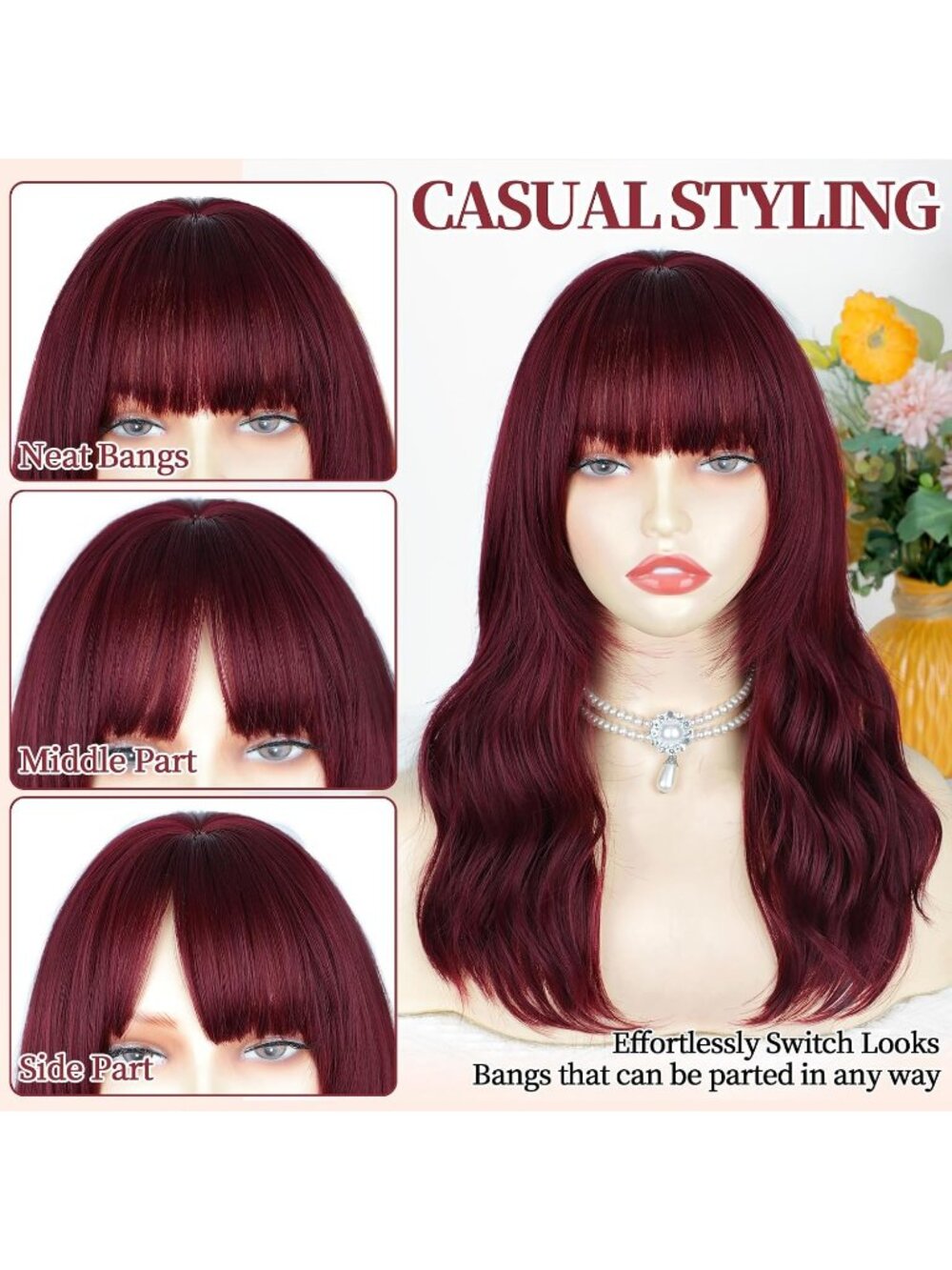 Women's Burgundy Natural Looking 18 Inch Classic Synthetic Layered Wavy Wigs - Picture 4 of 6